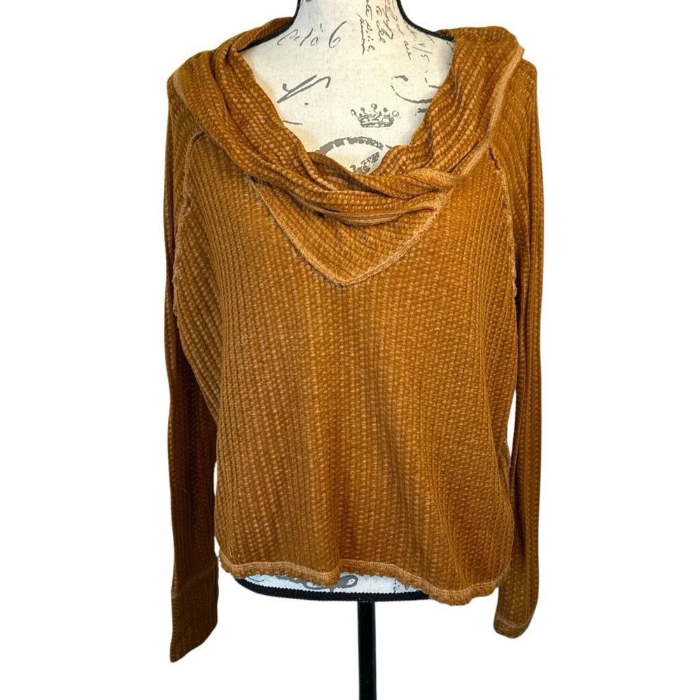 We the free Brown Waffle knit Roll V-neck pullover Shirt S